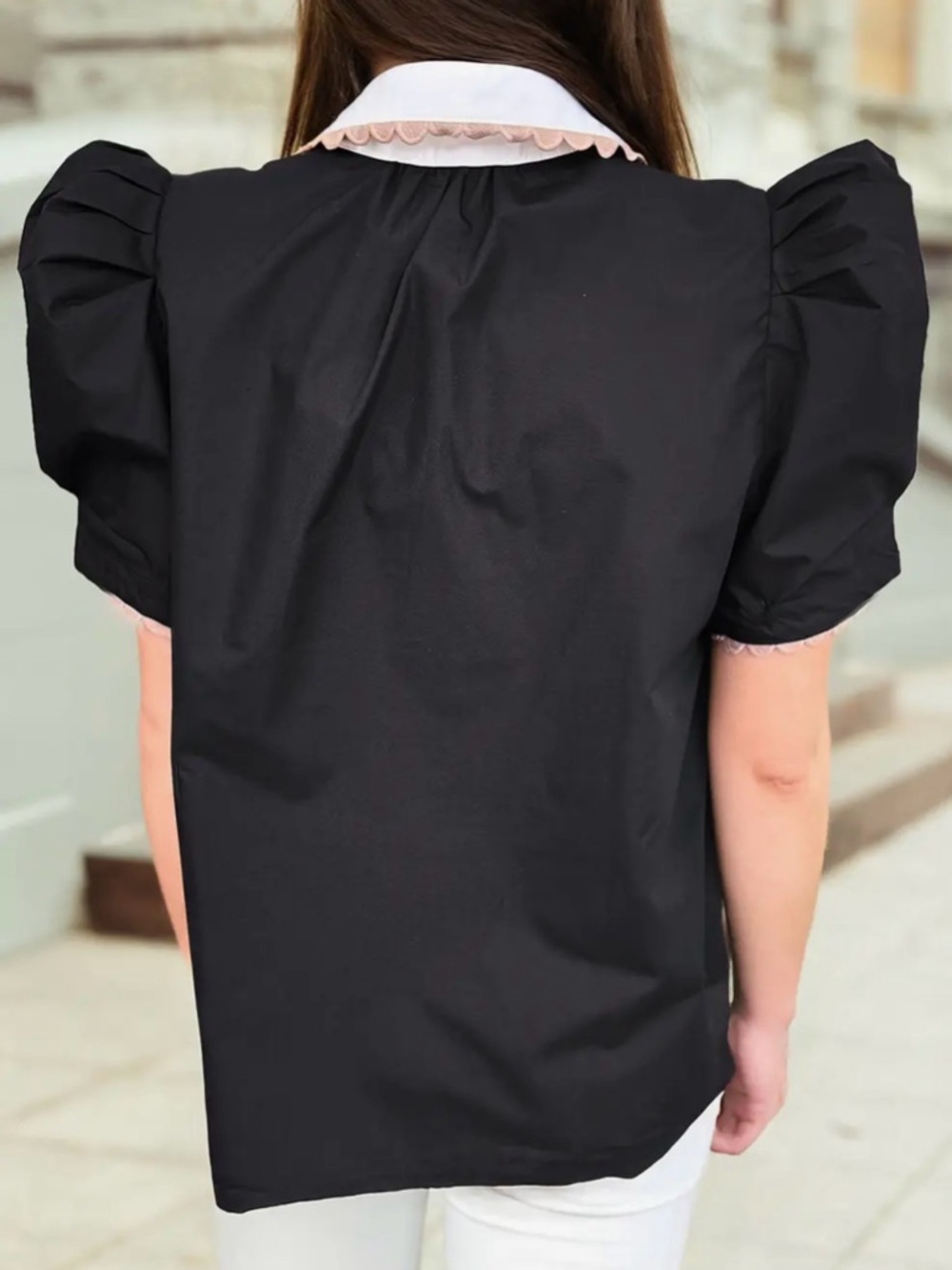 Black Puff Sleeve Blouse with Scallop-Trim V-Neck - Picture 2 of 2